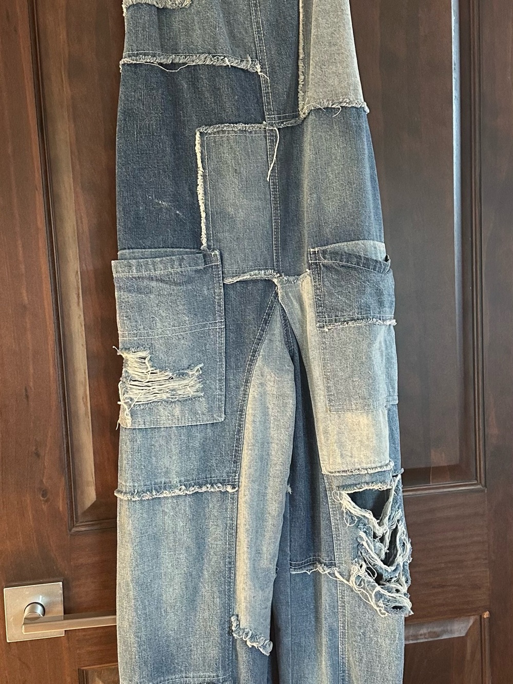 We The Free Patchwork Distressed Denim Overalls in Blue